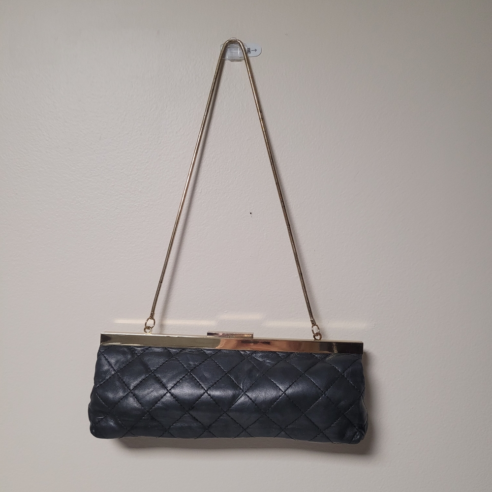 Calvin Klein Collection Black Quilted Evening Clutch with Gold Chain Purse